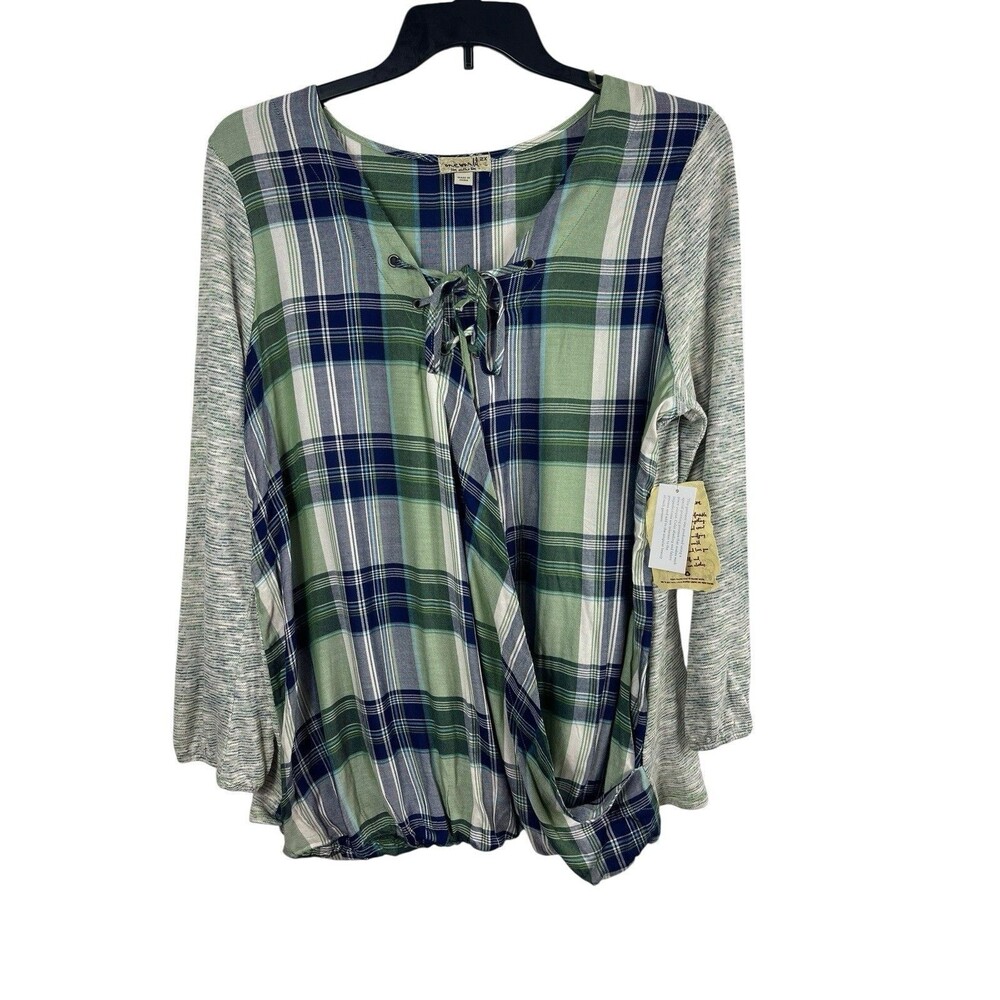 One World 2x Plaid Mixed Media Front Wrap Tie Neck Long Sleeve 2X NWT